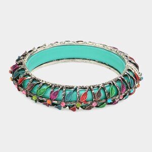 NWT‎ Turquoise Antique Metal Leaf Crystal Tube Beaded Bangle Bracelet